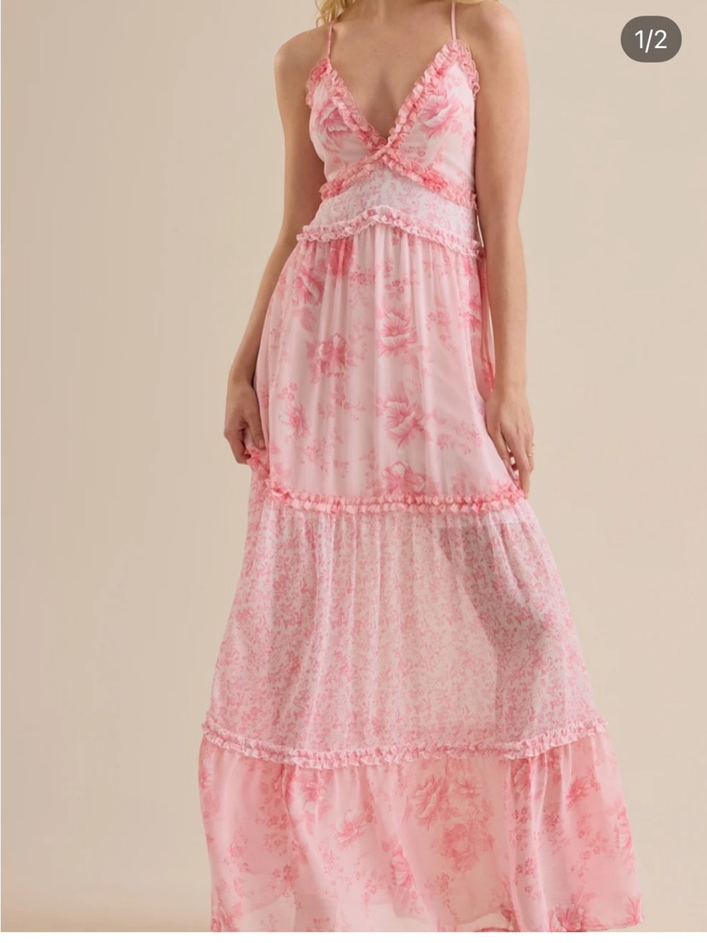 Altar’d State Pink Ruffle Tired Sheer Maxi Dress